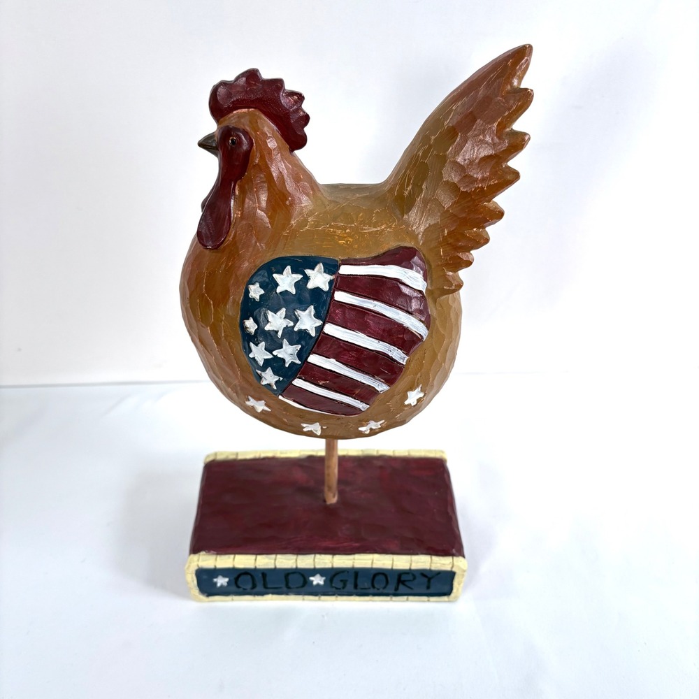 Carved Wood Rooster Figurine Brown Americana Old Glory Patriotic Stars Stripes